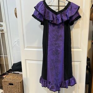 Fitted Muumuu Island Aloha Purple and Black Dress with Ruffled Neckline